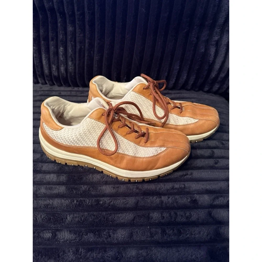 SAO Mens Size 12M Comfort Shoes Brown Beige Leather Sneakers Herringbone Pattern